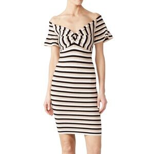 Ronny Kobo Ronda‎ striped shirt sleeve bodycon dress cream black xs
